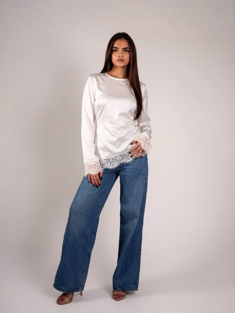 OLYVA – Satin-Oberteil mit Spitzenbesatz